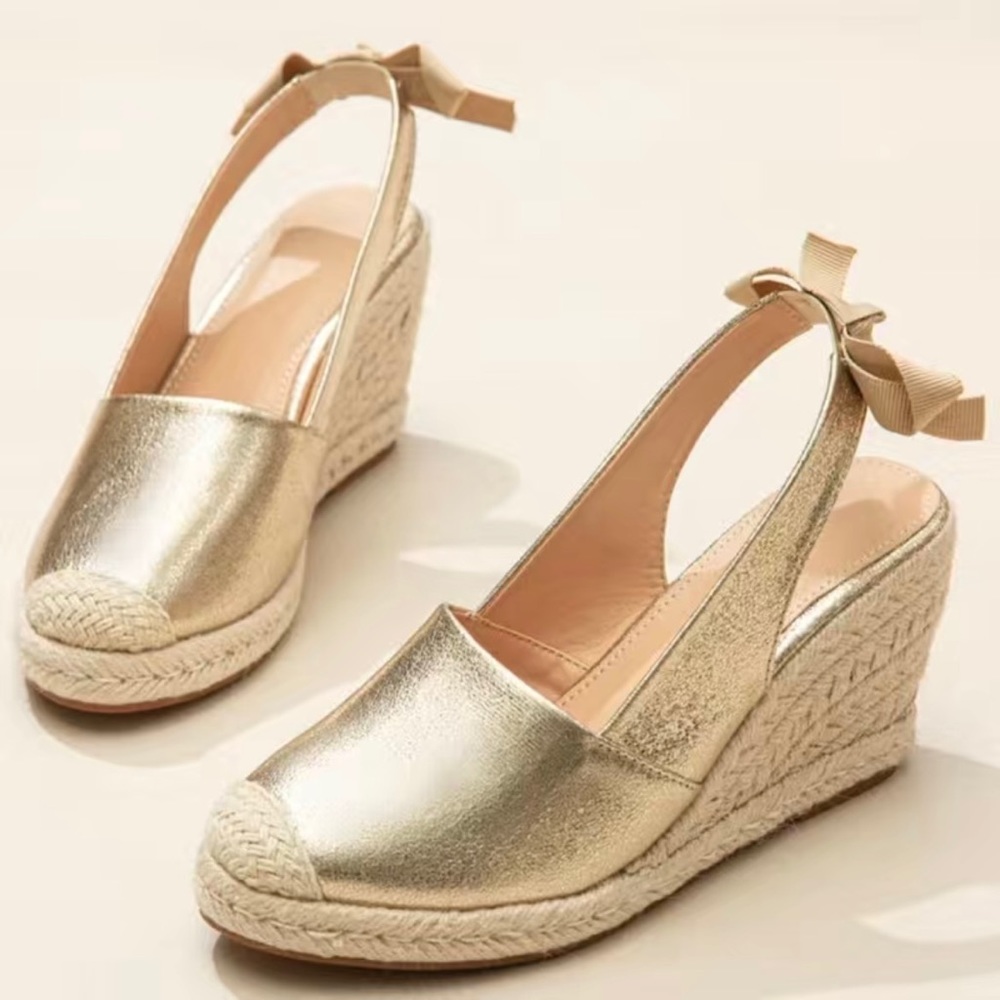 Espadrilles Wedge Slingback Sandals with Bow Gold Color Size 38